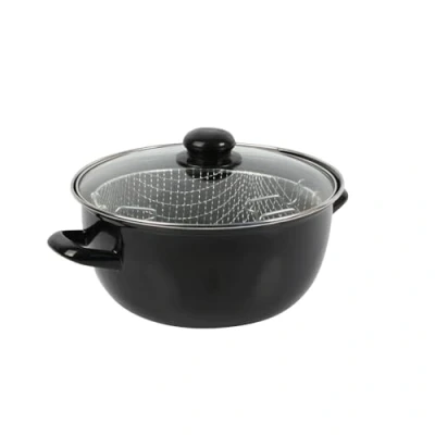 Afbeelding van Crealys 545412 Traditionele friteuse van geëmailleerd staal, zwart, Ø 20 cm, met vertinde mand + glazen deksel, voor alle warmtebronnen, inclusief inductie