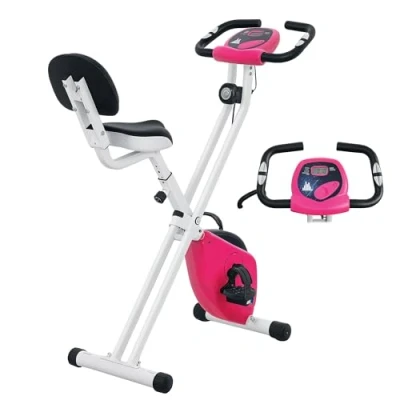 Afbeelding van HOMCOM Opvouwbare hometrainer, Aosom.fr x FFHandball samenwerking, 8 magnetische weerstandsniveaus, met verstelbare rugleuning, LCD display, multifunctionele hartslagsensor (roze)