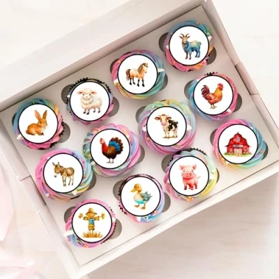 Afbeelding van 24 stuks voorgesneden mini eetbare cupcake discs met boerderijzoo thema zoete vanille, wafelpapier taartdecoraties