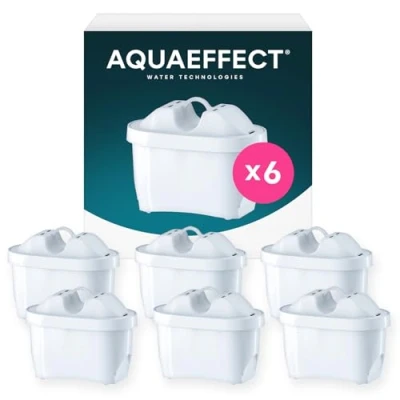 Afbeelding van AQUAEFFECT MAX+ 6 waterfilterpatronen compatibel met Brita Maxtra filterkaraffen tegen chloor en kalk, beste smaak, filtercapaciteit 150 liter of 30 dagen
