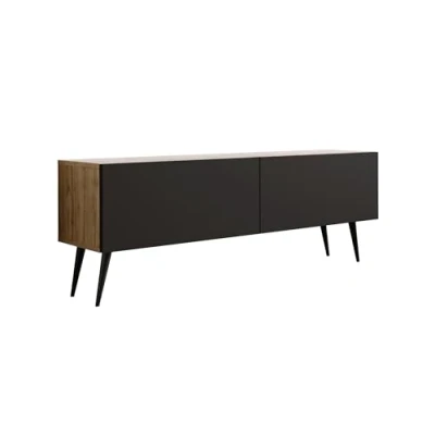 Afbeelding van TV kast: twee deuren, planken, kleur: Wotan eiken / mat zwart, poten zwart D: L: 140 cm, H: 52 32 cm