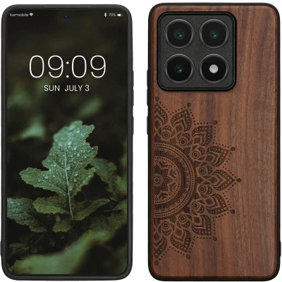 Afbeelding van kwmobile telefoonhoesje geschikt voorXiaomi 14T Hoesje met bumper walnoothout In donkerbruin Opkomende Zon design