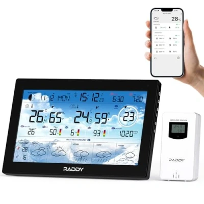 Afbeelding van Raddy N90 Wi Fi weerstation met draadloze sensor, 8,8 inch HTN display, connectiviteit via intelligente app, binnen en buitenthermometer, temperatuur vochtigheidsmonitor, PM2,5/AQI/UVI