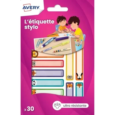 Image de Avery 30 Étiquettes Autocollantes Résistantes pour Crayon de Couleurs, Feutres et Stylo 4 Couleur Format 50 x 10 mm Motifs Animaux Surface Blanche Inscriptible Adhésif Permanent