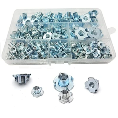 Afbeelding van WeqeYent 115 stuks T moeren M4/M5/M6/M8/M10 met vier klauwen, metalen klauwmoeren, 4 schroefdraadinzetstukken, van koolstofstaal, verzinkt, voor houtbewerkingsmeubels
