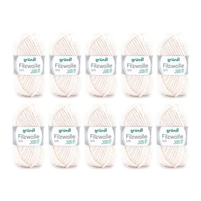 Afbeelding van Gründl Viltwol effen (wol voor vilten, breien en haken, garen 100% scheerwol, 50 g/50 m, naalddikte 8 9, 10 x g), crème, 31 32 7,5 cm