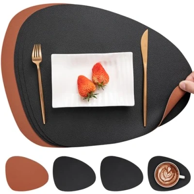 Afbeelding van Placemats leer en onderzetters, afwasbaar, rond, dubbelzijdig, antislip, leer, kunstleer, placemat, lederlook, set van 4, zwart/bruin