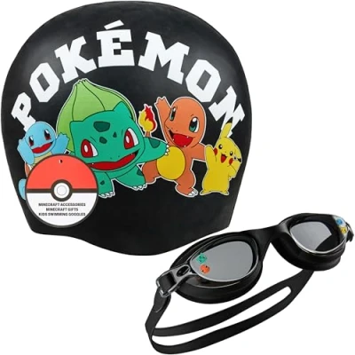 Afbeelding van Get Trend Pokemon Zwembril en badmuts voor kinderen, anti condens, uv bescherming, verstelbare riem, zwembadaccessoires (zwart, Pokemon, 4 12 jaar)
