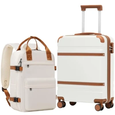 Afbeelding van COOLIFE Cabinekoffer 55 x 35 20 cm voor Ryanair vliegtuig, handbagage, cabinebagage, harde koffer met TSA slot en 4 dubbele wielen, Wit/Bruin, wielen