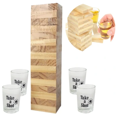 Afbeelding van Cheqo® Torenspel Drinkspel Stapeltoren Houten Toren 48 Stenen met 4 Shotglaasjes Shotglazen Drankspel