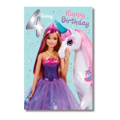 Afbeelding van Danilo Promotions Limited Barbie verjaardagskaart 4 jaar, officiële meerkleurig, 17,8 x 15,2 cm