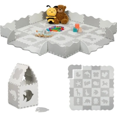 Afbeelding van Relaxdays puzzelmat baby met rand kinderen foam afwasbaar wit grijs