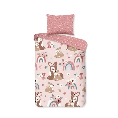 Afbeelding van Dekbedovertrek voor Kinderen 100x135 cm Bambi Hert en Regenboog Print Roze 1 Persoons 100% Katoen