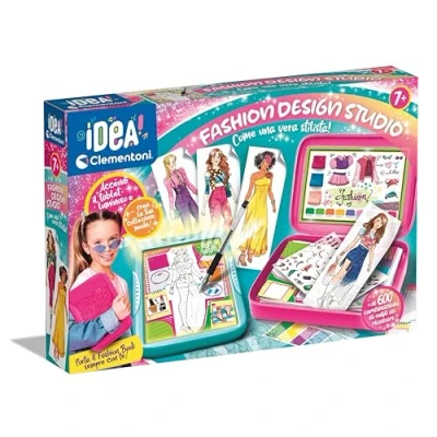 Image de Clementoni Idea Fashion Designer, tableau lumineux, ensemble de vêtements, jeu créatif pour fille 6 ans, multicolore, support pliable, haut léger, dessins, modèles et stylo