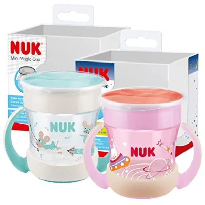 Afbeelding van NUK Mini Magische Cup Nachtbeker Vanaf 6 maanden 160 ml 360 lekvrije rand voor alle kanten drinken Gloeit in het donker BPA vrij Konijn (roze) 2 stuks