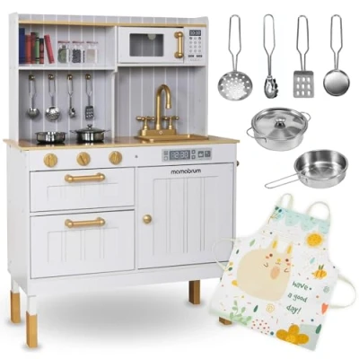 Afbeelding van Mamabrum Houten kinderkeuken 3+, kinderkookset met accessoires en schort, witte speelgoedpan magnetron, oven, gootsteen pannen