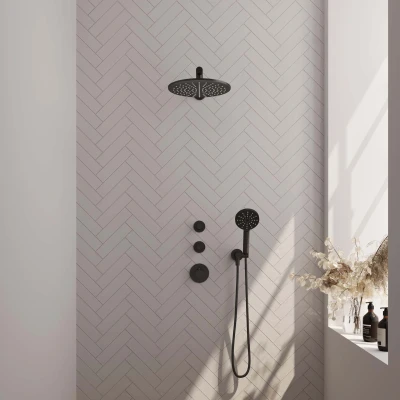 Afbeelding van Brauer Glad 30cm Rechte wandarm 3 Standen handdouche Zonder glijstang Mat zwart