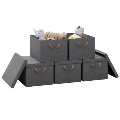 Afbeelding van WOLTU ABB03gbn 5 Set van opvouwbare opbergdozen met deksel en handgrepen, stoffen opbergmand voor speelgoed, kleding, grijs, 43 x 26 33 cm