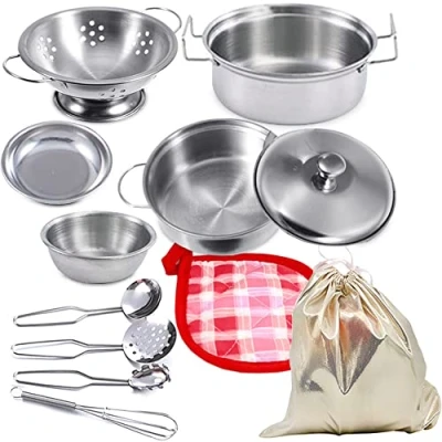 Afbeelding van Mini keukenaccessoires van roestvrij staal, Montessori keukengerei, pannenset voor kinderen en peuters (klein)