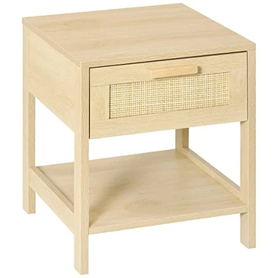 Afbeelding van HOMCOM Nachtkastje met lade en plank rieten van rotan, afmetingen: 40 x 48 cm MDF in lichte houtlook