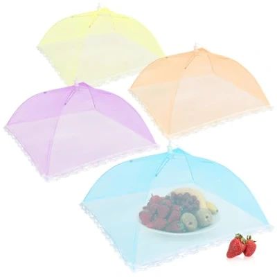 Afbeelding van COM FOUR® 4 x kleurrijke vliegenbeschermers voor levensmiddelen, eten, fruit, vliegenvanger en vliegenbescherming, 45 cm (4 stuks, geel, paars, blauw, oranje)