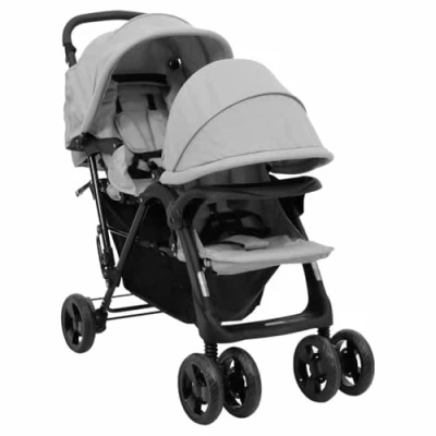 Afbeelding van vidaXL Dubbele kinderwagen lichtgrijs staal