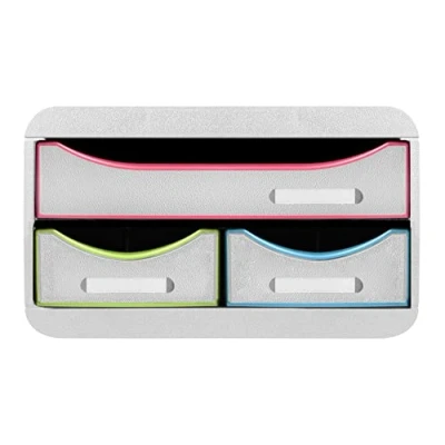 Afbeelding van Exacompta 311913D SMALL BOX MINI 3 laden 1 documentenlade in A4+ formaat 2 smalle voor kleine spullen afmetingen 347 x 278 130 mm wit/arlequine/wit