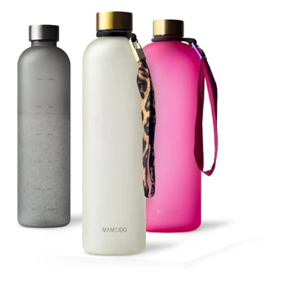 Afbeelding van MAMEIDO Waterfles 1l &amp; 1,5l Ivoor Beige Goud Plastic Ontwerp met Motivatie Tijd Markering, BPA vrij Waterdichte Sportfles voor Gymnastiek