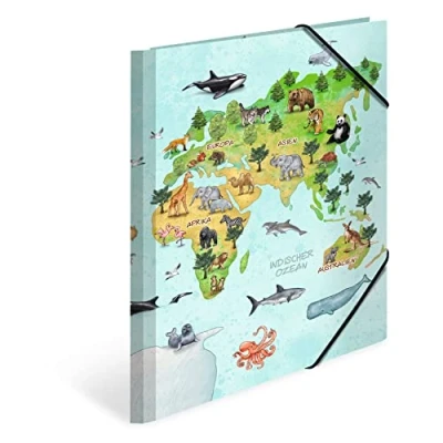 Image de HERMA Classeur A4, carte du monde, à élastiques en carton, avec motif de maternelle, élastique, rabat intérieur et impression intérieure, pour garçons, filles enfants