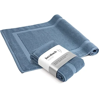 Afbeelding van herzbach home Set van 2 badmatten, 100% katoen, 1000 g/m², absorberend, wasbaar (blauw, 50 x 80 cm)