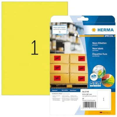 Afbeelding van HERMA Etiket 5148 210x297mm A4 fluor geel 20stuks