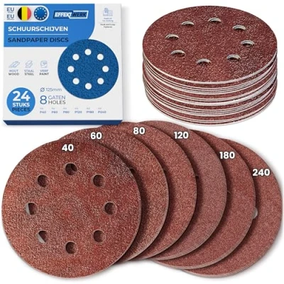Afbeelding van EffektWerk Schuurschijven (24 stuks, 8 gaten), 125 mm schuurpapier met meerdere korrelgroottes (40, 60, 80, 120, 180, 240)