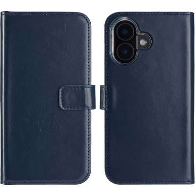 Afbeelding van Selencia Hoesje Geschikt voor iPhone 16 Plus Met Pasjeshouder Echt Lederen Bookcase Blauw