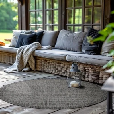 Afbeelding van Rond vloerkleed voor buiten, terras, balkon en tuin, keukentapijt, effen, weerbestendig design, plat weefsel, sisal effect, wasbaar, 160 cm, rond, zwart
