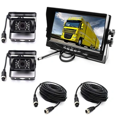 Afbeelding van Achteruitrijcameraset, 4 polig, 2 x 18 waterdichte leds, nachtzicht, achteruitrijcamera met 15 m luchtvaartkabel + 12 24 V 17,8 cm TFT LCD automonitor voor groot
