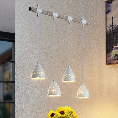 Afbeelding van Lindby hanglamp 4lichts staal, keramiek, hout H: 12 cm E14 licht hout, wit