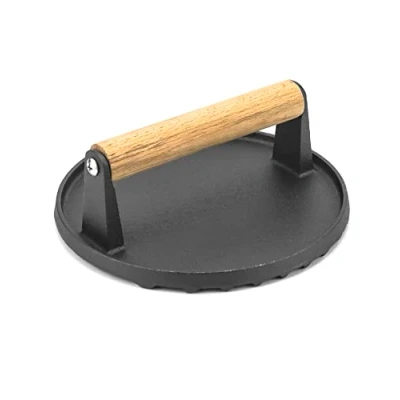 Afbeelding van QWORK® Gietijzeren Hamburgerpers, Barbecue Gewichten, BBQ Grilling Accessoires, Houten Handvat, 17,5 cm