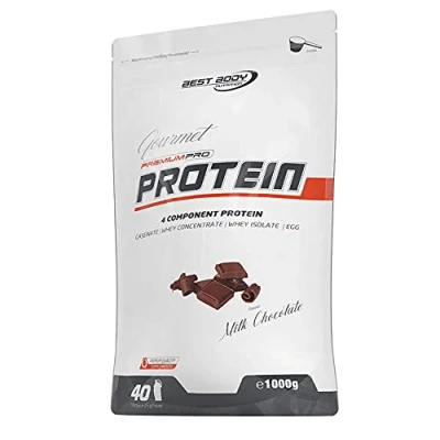 Afbeelding van Gourmet Premium Pro Protein 1kg CHOCOLATE time released eiwit met een matrix van whey, melk en ei Best Body