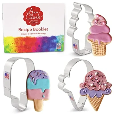Afbeelding van Ann Clark Cookie Cutters 3 stuks uitsteekvormpjes in de vorm van een ijs met receptenboekje, ijslolly&#039;s, harde en zachte ijskegels