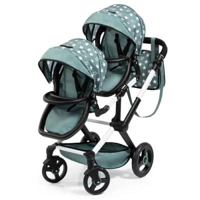 Afbeelding van Bayer Design 26758AA Twin Xeo poppenwagen, dubbele kinderwagen, verstelbaar, geïntegreerde mand met schoudertas, groen, sterren