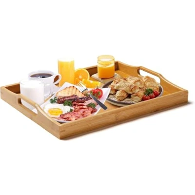 Afbeelding van Superbe groot bamboe dienblad met handgrepen, houten voor ontbijt thee salontafel decoratief butler poef (natuurlijk, 1)