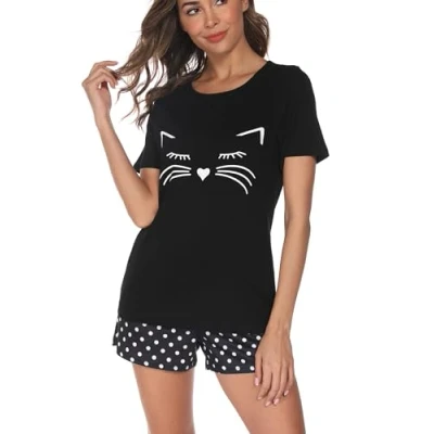 Afbeelding van Reliwel Zomerpyjama voor dames, katoen, korte pyjama, tweedelige pyjama met schattige kat, mouwen en shorts, alle seizoenen, Zwart A