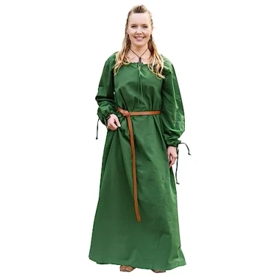 Afbeelding van Battle Merchant Ana middeleeuwse jurk voor dames, Vikingkostuum, lange mouwen, van katoen, LARP jurk, wit, rood, blauw, natuur (M, groen)