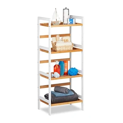 Afbeelding van Relaxdays Badkamerrek, cosmetica rekken, handdoeken, gebruiksvoorwerpen, bamboe rek, 110 x 45 31,5 cm, wit/naturel