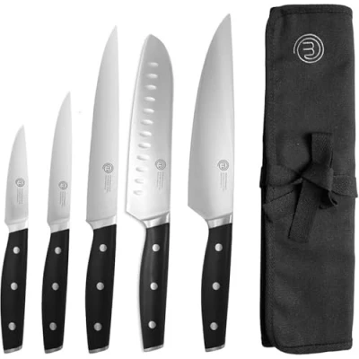Afbeelding van MasterChef Keukenmessenset met deksel, roestvrij staal, koksmessenset, Santoku, groenten en meer, multifunctioneel, 5 delig, zilver, hoog carbon