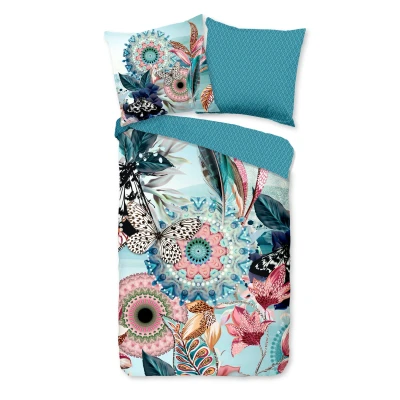 Afbeelding van Luxe Satijnen Dekbedovertrek 155x220 cm Mandala&#039;s en Bloemen Print Aqua 1 Persoons 100% Katoen Satijn