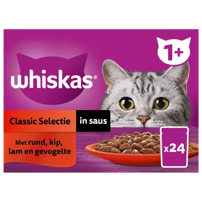 Afbeelding van Whiskas 1+ Classic Selectie In Saus Maaltijdzakjes Multipack Kattenvoer 24x85 g