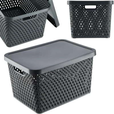 Afbeelding van KADAX Opbergmand, mand met deksel, opbergdoos, kunststof moderne plankmand, container ventilatiegaten (18 l, grijs)