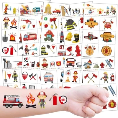 Afbeelding van 10 brandweertatoeages voor kinderen, Firemen Tattoo kinderverjaardagscadeaus