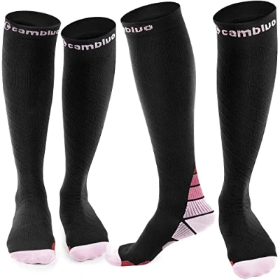 Afbeelding van CAMBIVO 2 paar compressiekousen voor dames en heren hardlopen, sport, vliegtuig, reizen, fietsen, Zwart &amp; Roze